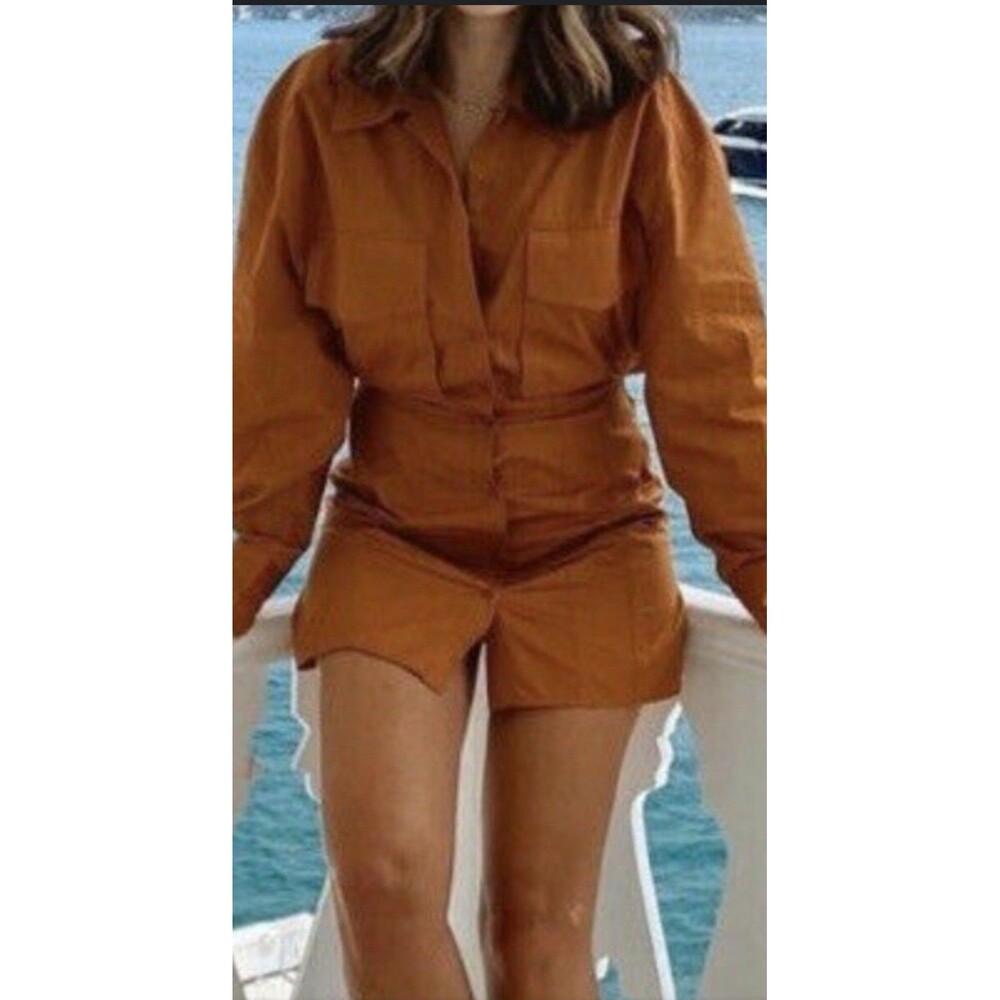 Zara Mini Tobacco Orange Poplin Shirt Pockets Open Back 8094/202 Size XS
